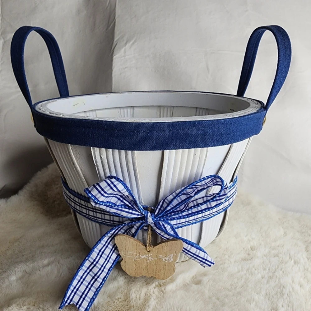 Dolly Parton Wood Basket with Handles White and Blue Butterfly 9.13